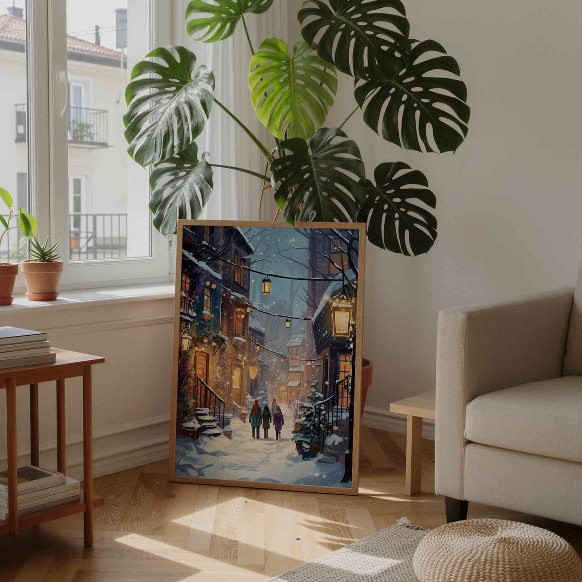 Winterse straat met lantaarns – feestelijke wandkunst als portret poster