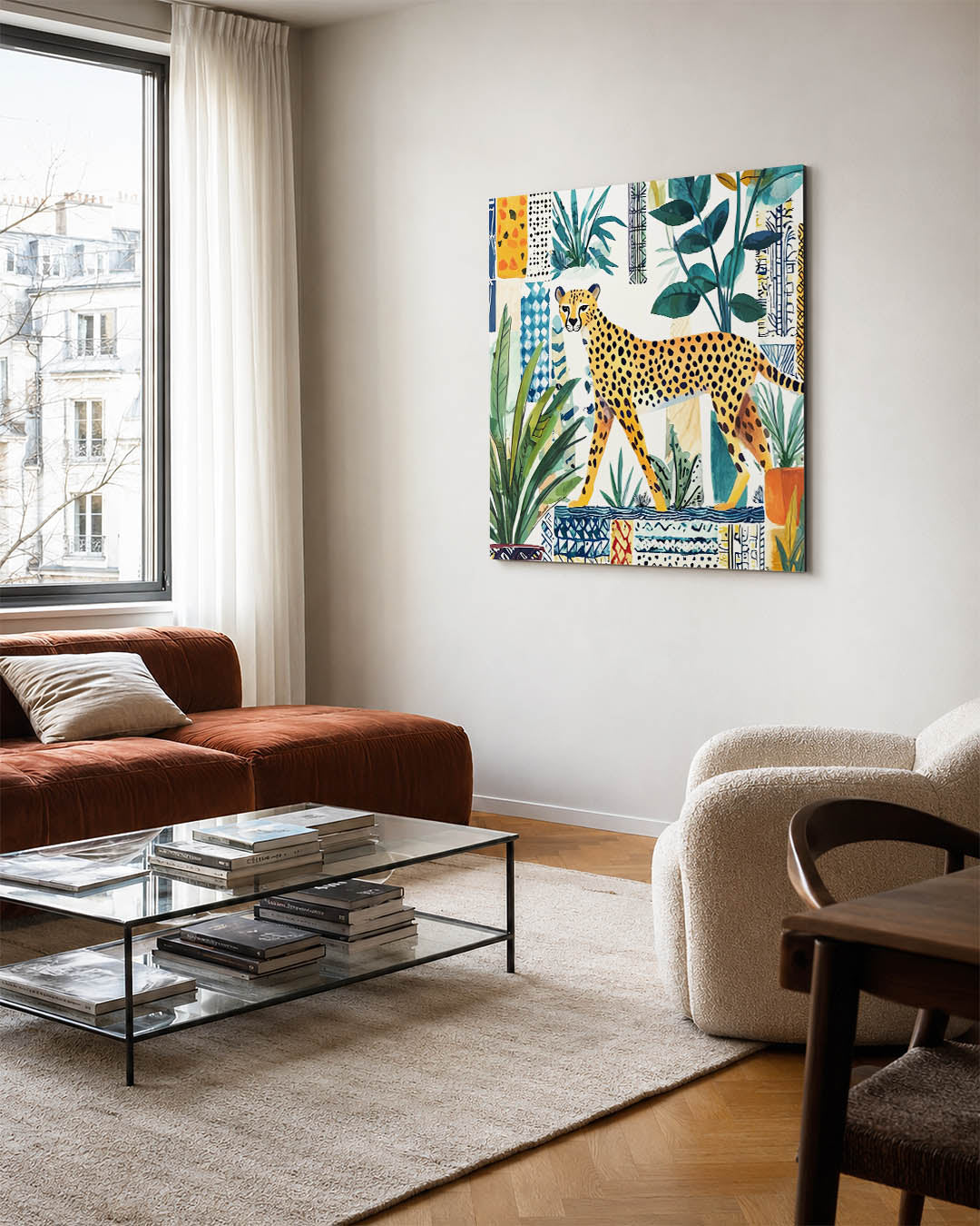 Dierlijke patronen kunstwerk – vierkante wanddecoratie – dit werk toont een elegante cheetah omringd door weelderige planten