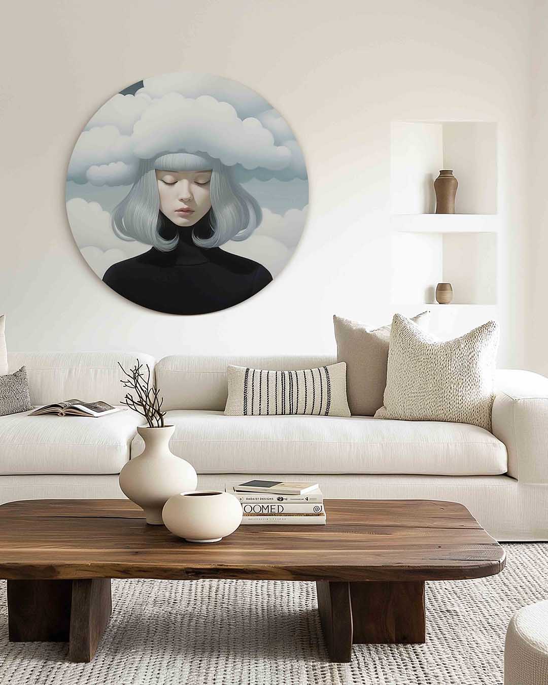 Vrouw met wolken – illustratie muurcirkel als ronde muurdecoratie