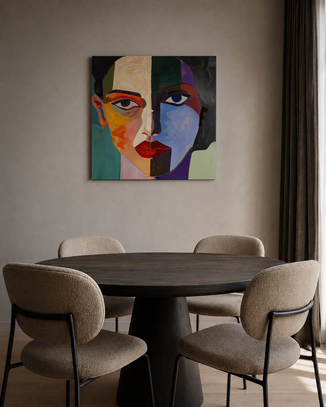 Geometrisch portret kunstwerk – tweede productweergave – dit werk toont een gezicht in geometrische vormen met contrasterende