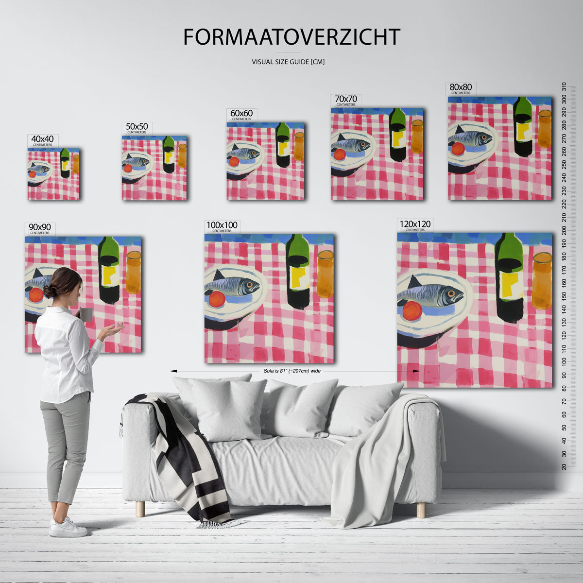 Vis en fles op tafel – vierkante muurposter voor keuken of eethoek