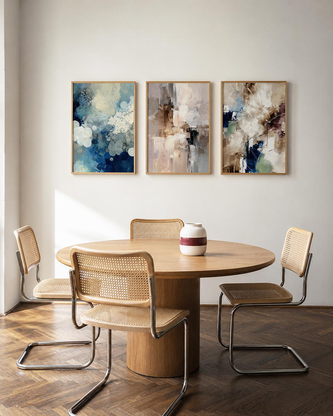 Vormen en vluchtigheid driedelige posterset in interieur