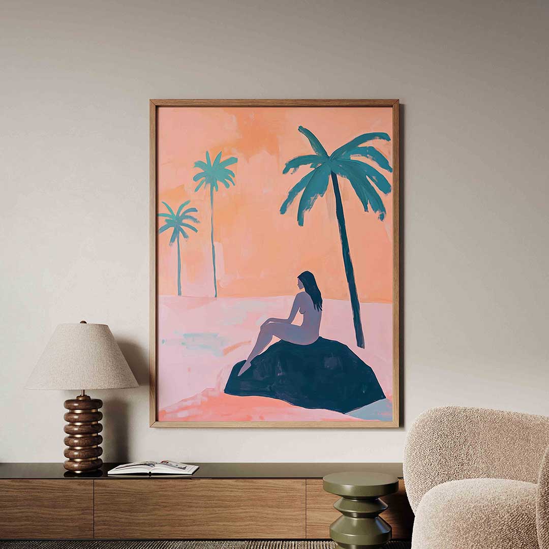 Zittende figuur met palmbomen – tropische jungle poster in staand formaat
