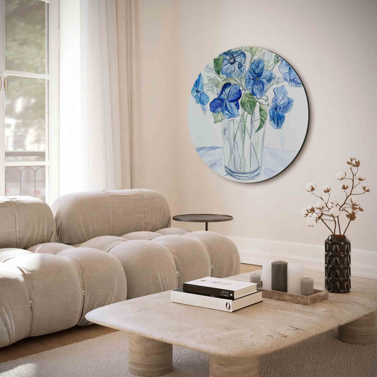 Blauwe bloemen in vaas – muurcirkel met abstracte texturen voor aan de muur