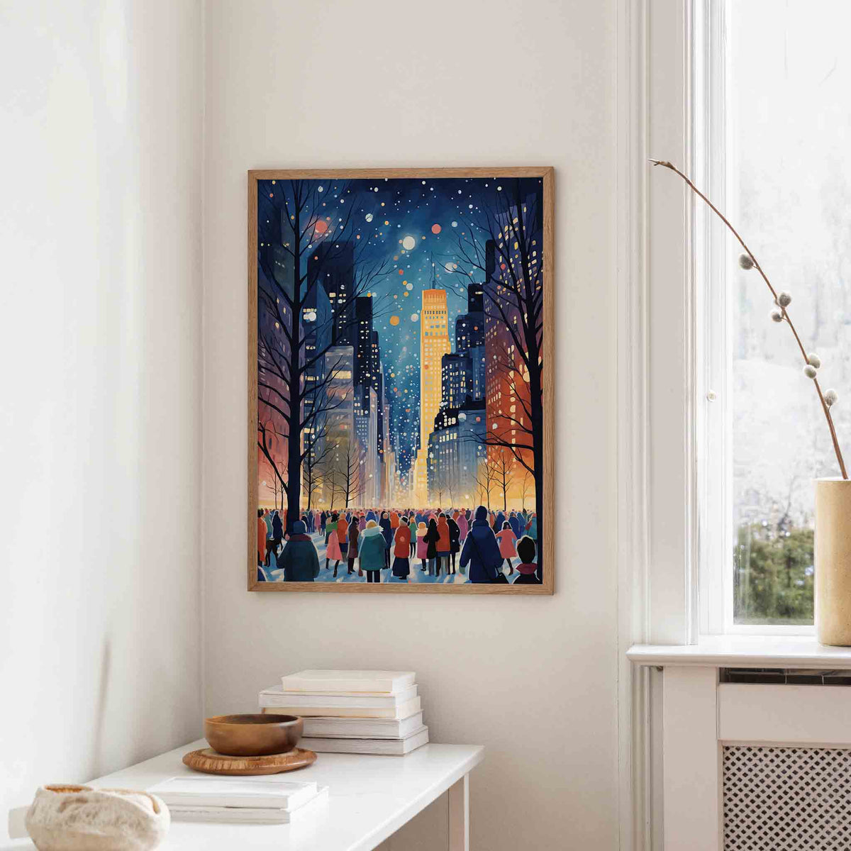 Avondwandeling in de stad – staande kerst wanddecoratie van WallArtistic