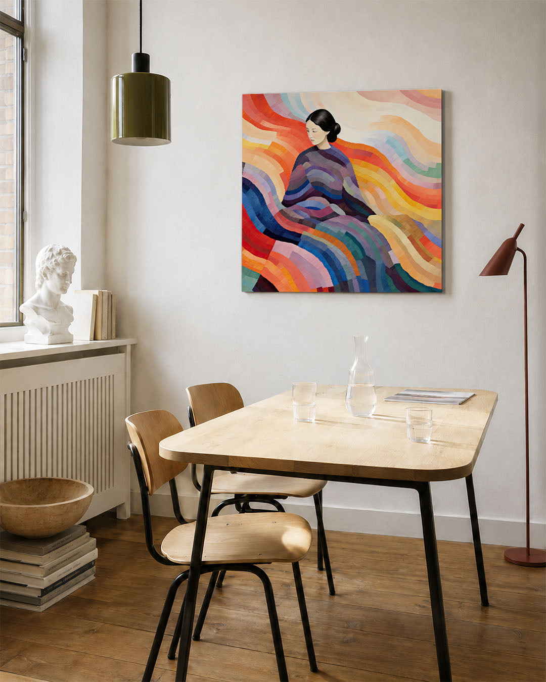 Golvende kleurencompositie kunstwerk – vierkante wanddecoratie – dit werk toont een vrouw omgeven door golvende, kleurrijke