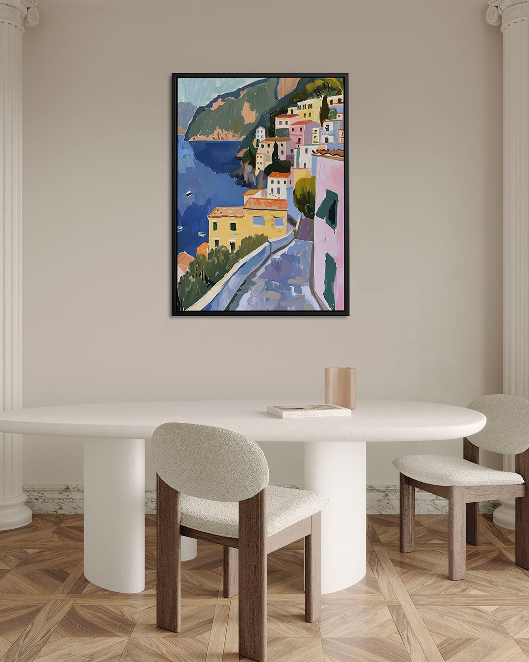 Levendige kustdorp – staand wanddecoratie kunstwerk