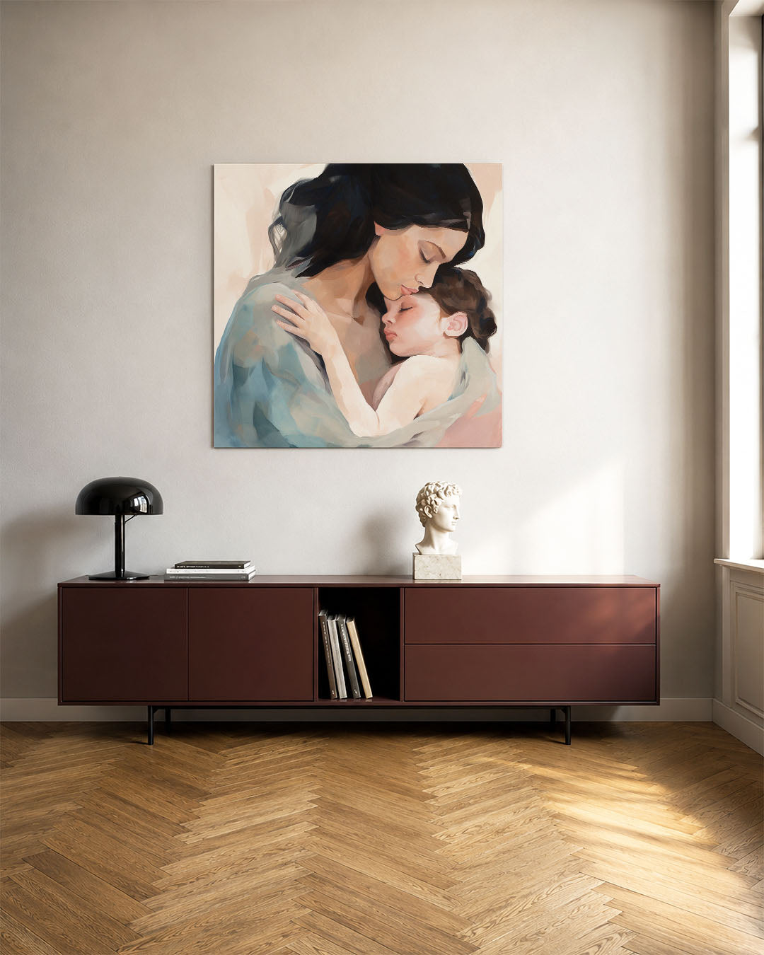Intieme omhelzing kunstwerk – tweede productweergave – dit kunstwerk toont een serene moeder-kind omhelzing. Zachte kleuren