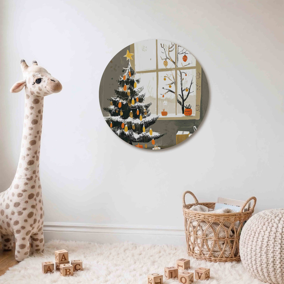 Kerstboom en cadeaus Muurcirkel – Een kerstboom met oranje en gele versieringen staat naast een raam met zicht op kale takken