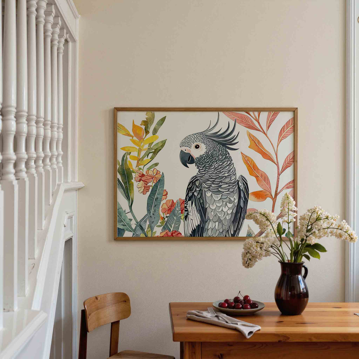 Papegaai en bladeren – dieren poster in liggend formaat