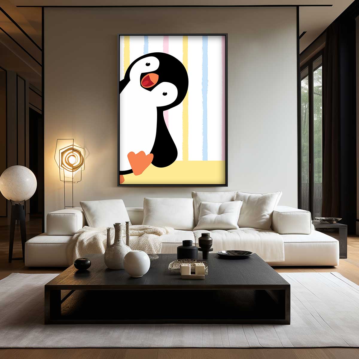 Vrolijke Pinguïn Kunstprint – canvas wanddecoratie in portret formaat