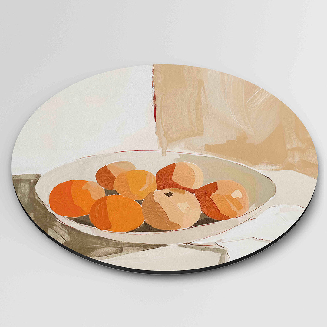 Sinaasappels in schaal – kleurrijke wandkunst als muurcirkel