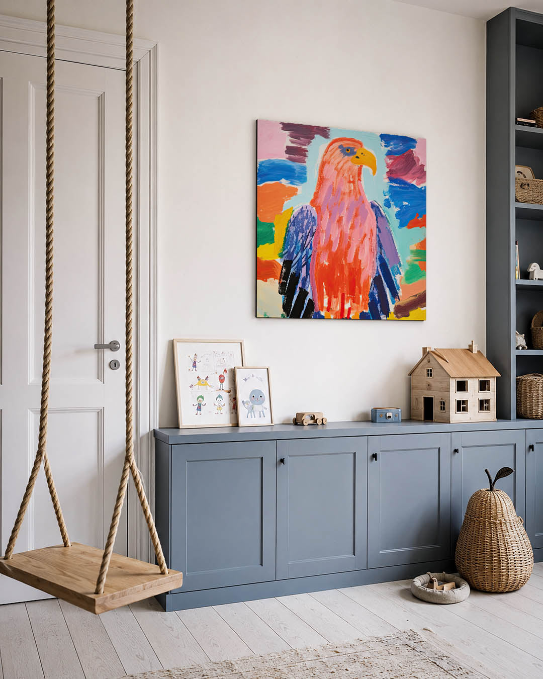 Kleurrijke vogel kunstwerk – vierkante wanddecoratie – dit werk toont een vogel in levendige kleuren met dynamische