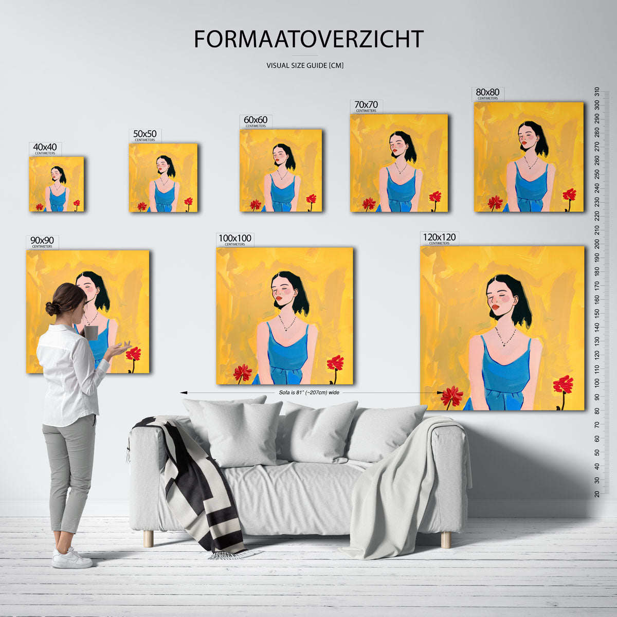 Vrouw in blauwe jurk – vierkante muurposter met kleurrijke illustratie