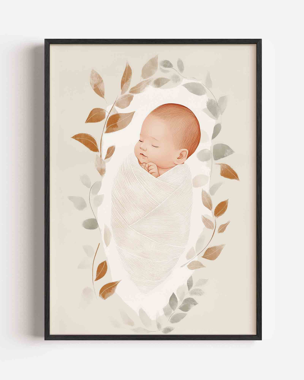 Slapende baby met bladeren – kids portret poster als wanddecoratie