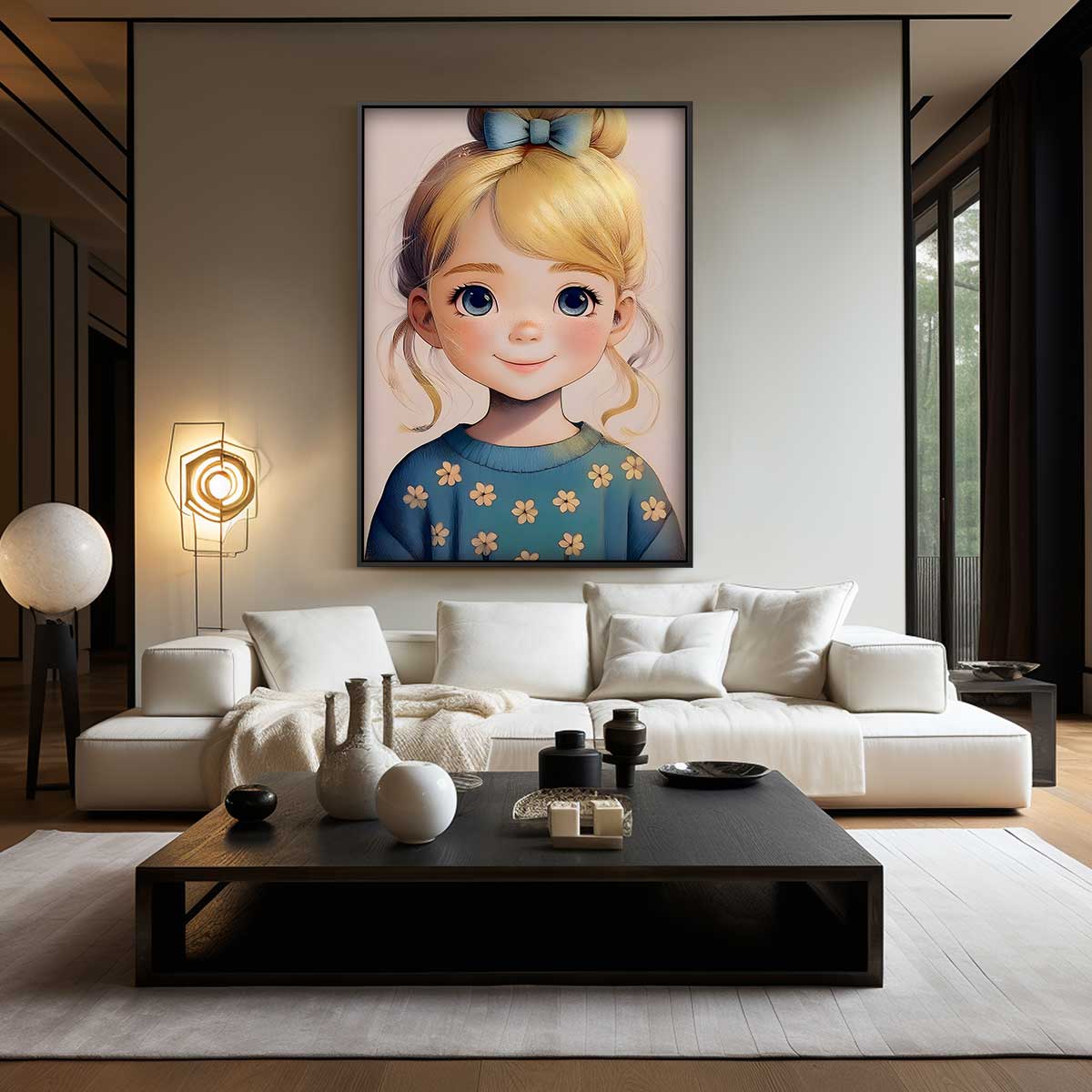 Blond meisje met bloementrui – kunstwerk met zwarte baklijst