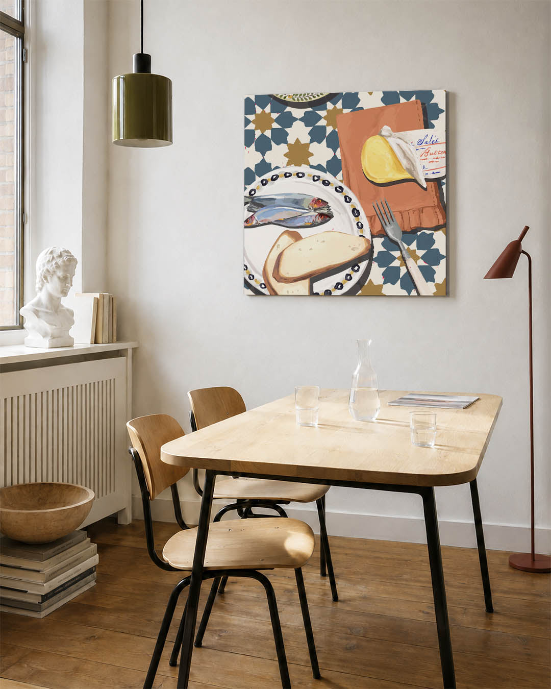 Geometrisch ontbijt tafereel kunstwerk – detailweergave – dit werk toont een tafel met vis, brood en boter op een geometrisch