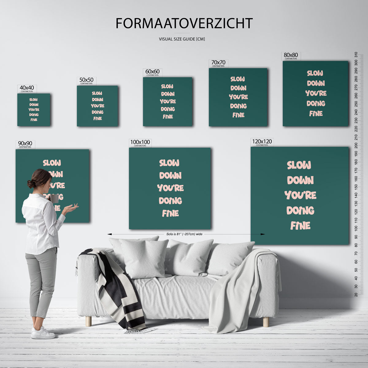 Slow down tekst – kleurrijke vierkante muurposter in Pop Art stijl