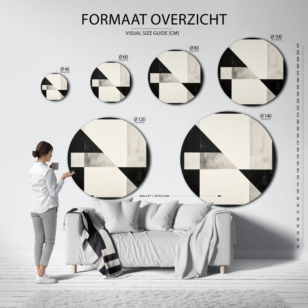 Geometrische zwart wit – abstracte wandkunst als muurcirkel van WallArtistic