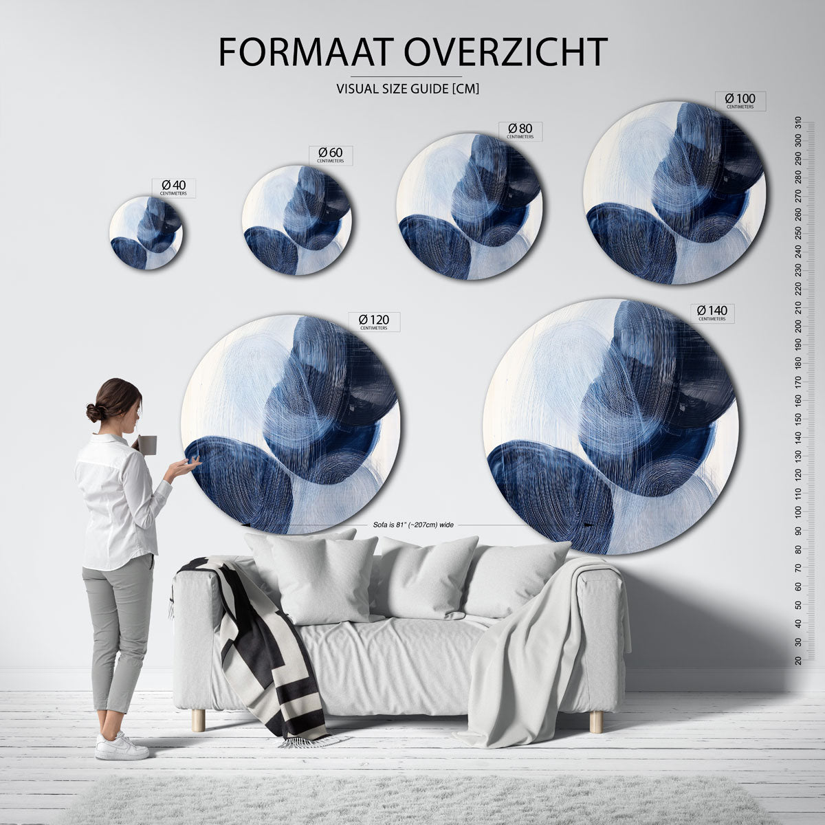 Abstracte blauwe vormen – ronde muurdecoratie met vrouwelijk portret
