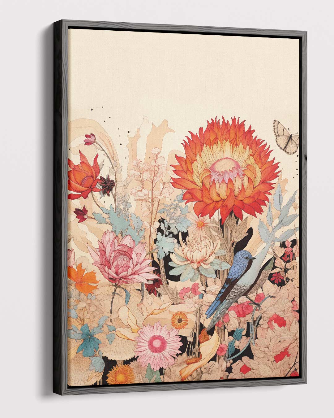 Vrolijke Bloemnatuur met Blauwe Vogel – canvas wanddecoratie in portret formaat