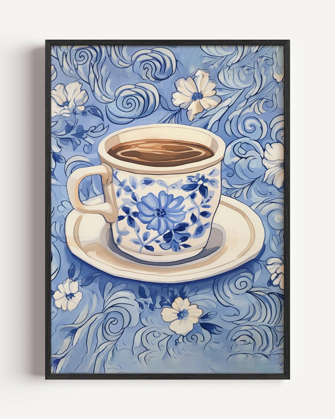 Blauwe Bloemen Koffiemok – keuken portret poster als wanddecoratie