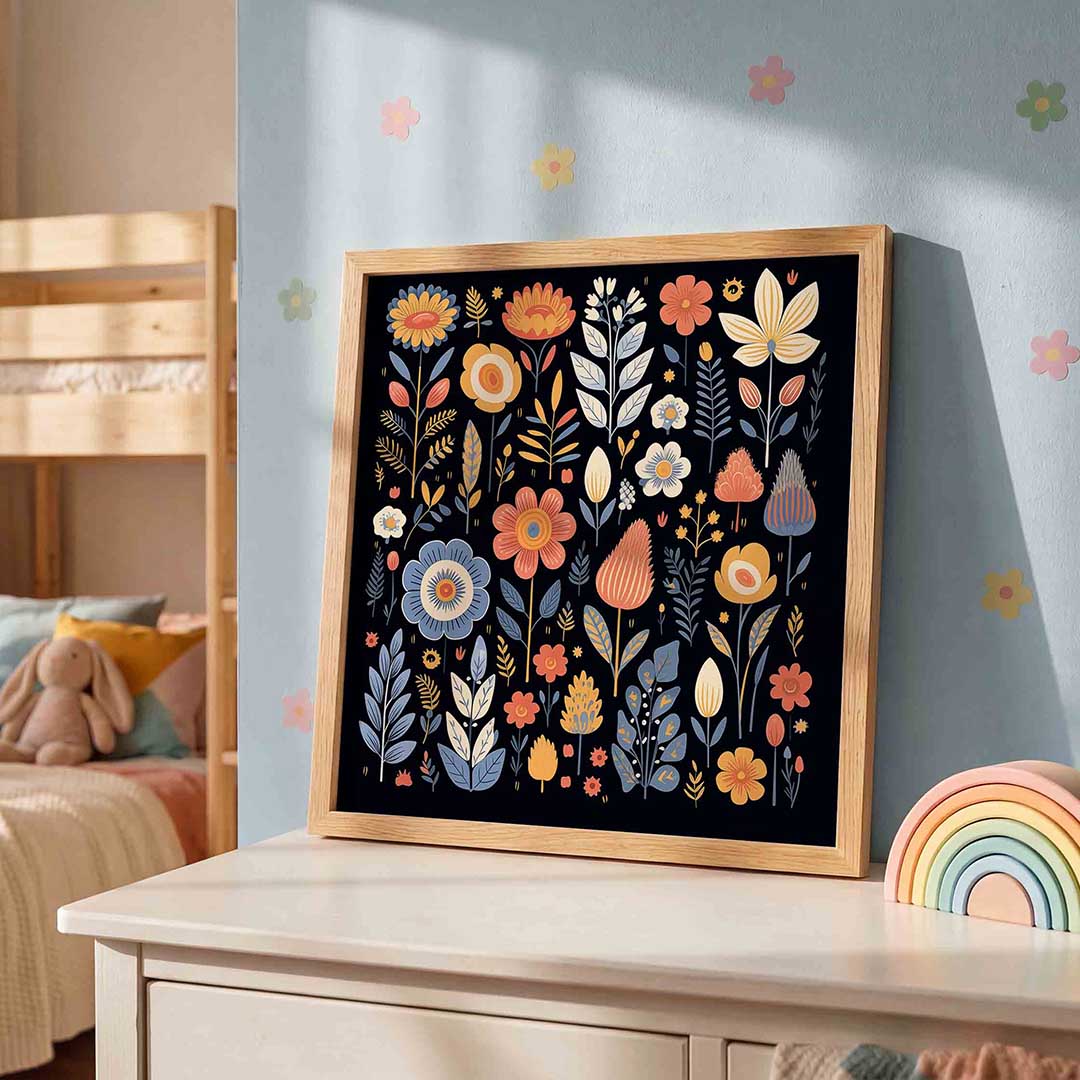 Bloemen en bladeren – speelse wandkunst als vierkante kinderposter