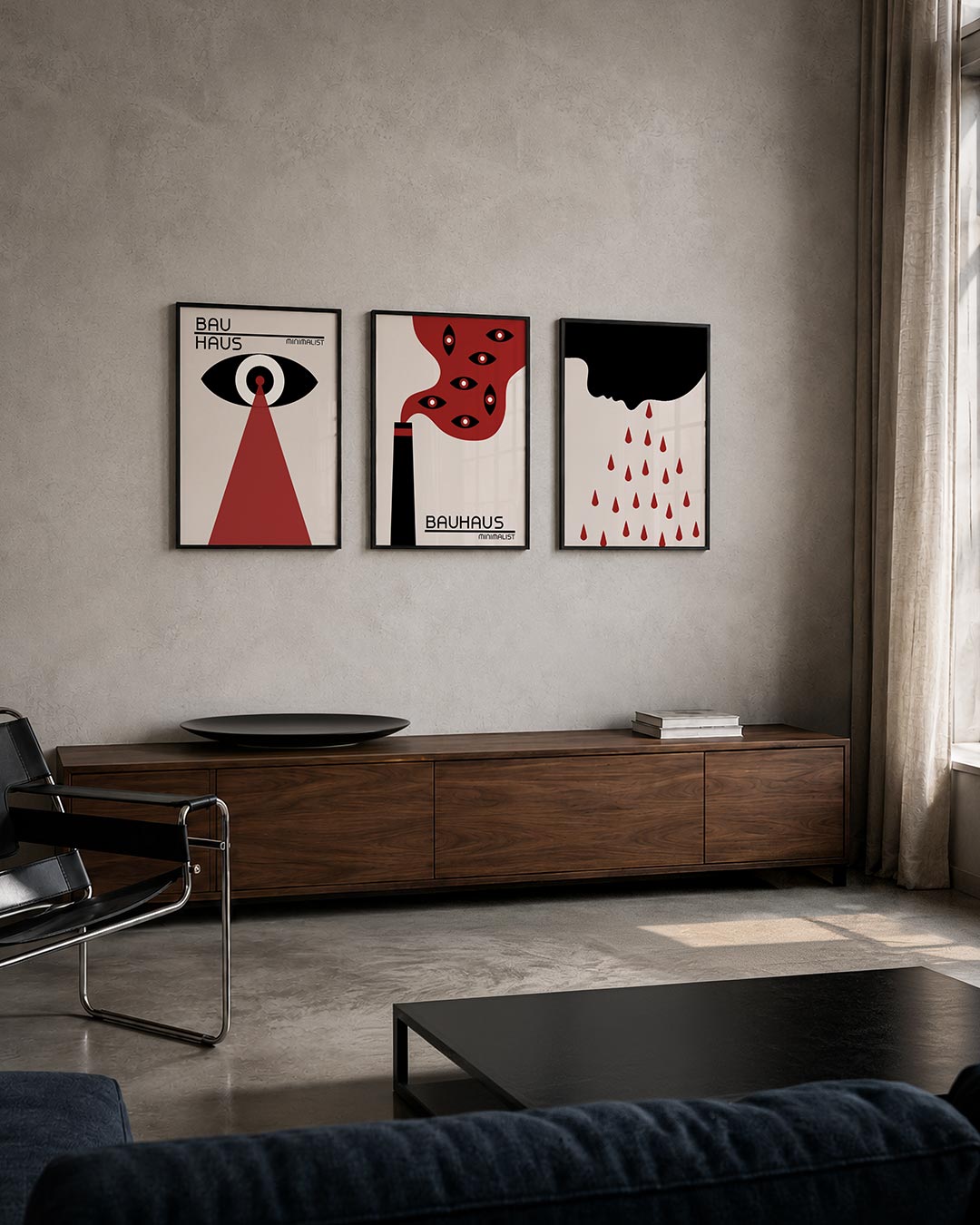 Oog en stralen posterset – tweede productweergave – een zwart-wit oog met een rode straal die naar beneden wijst. De