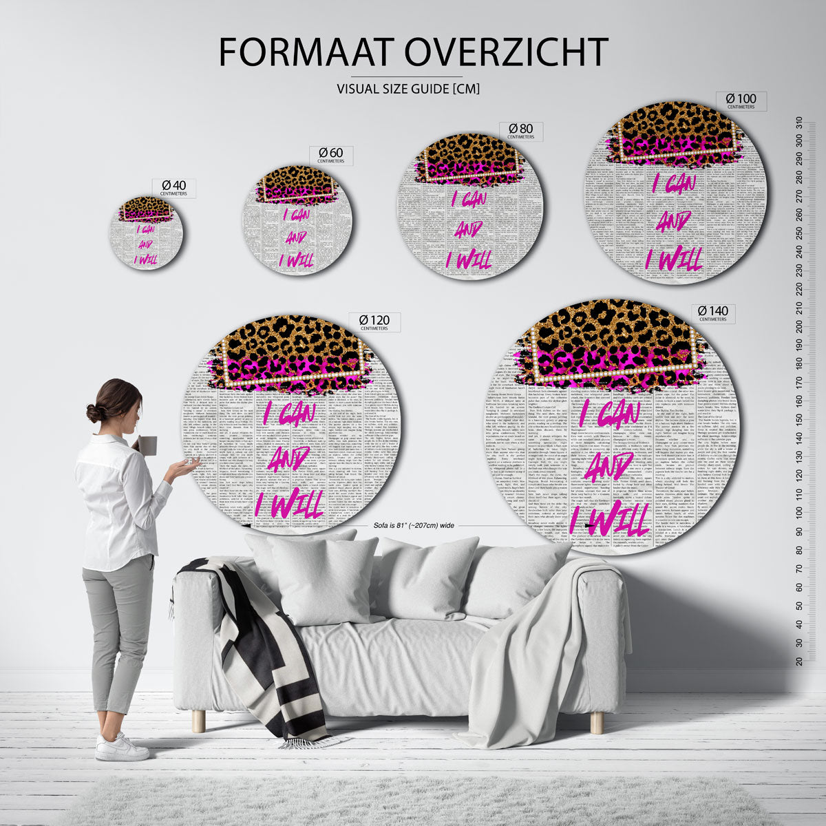 Luipaardprint en tekst – kleurrijke ronde muurdecoratie in Pop Art stijl