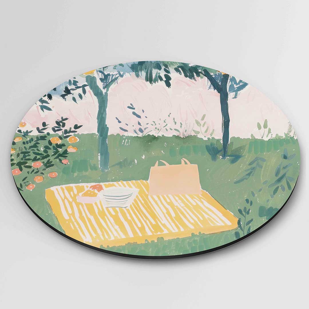 Picknick onder sinaasappelbomen – ronde textuur wanddecoratie van WallArtistic