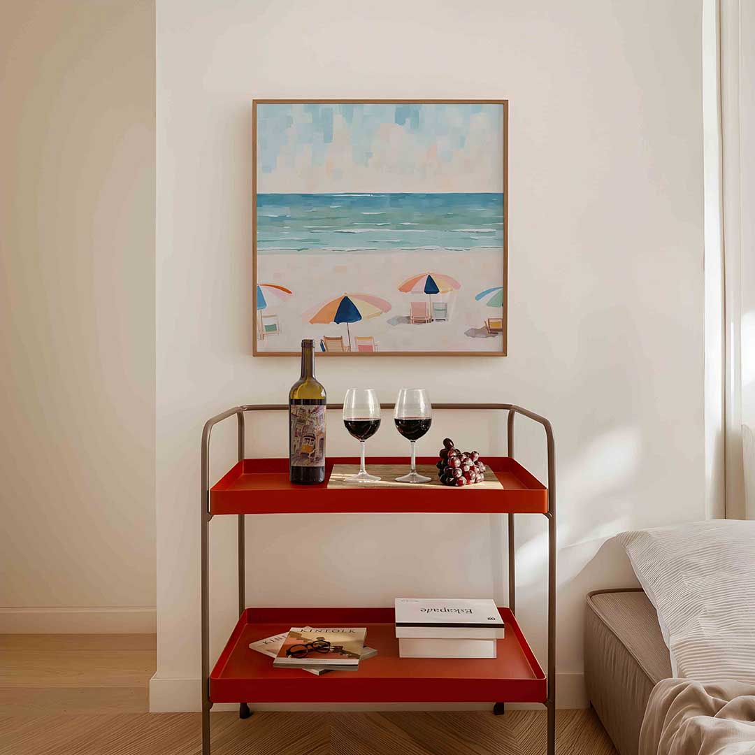 Strand met parasols – vierkante keuken wanddecoratie van WallArtistic