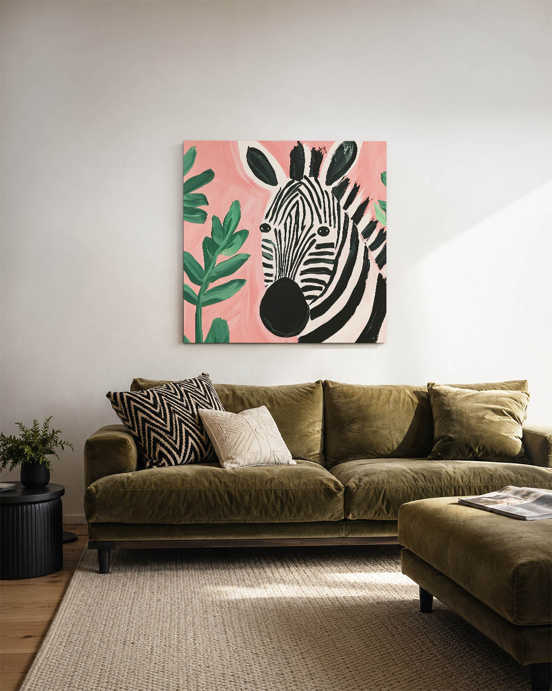 Zebra en bladeren kunstwerk – sfeerbeeld – dit werk toont een zebra met opvallende zwart-witte strepen tegen een roze