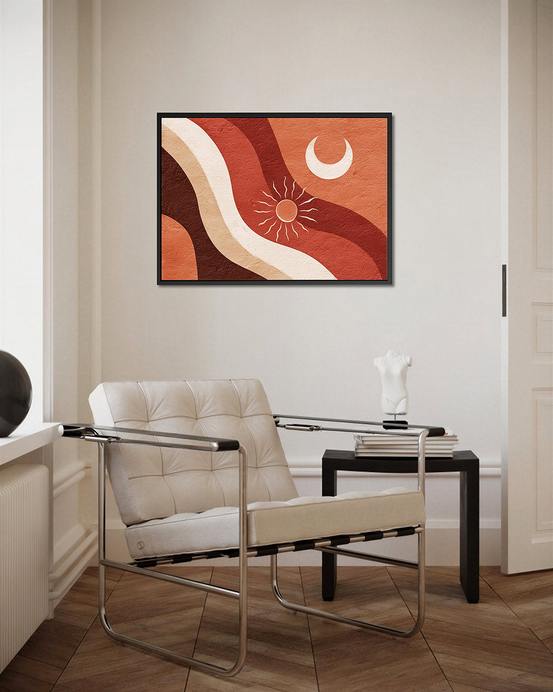 Golvende zon en maan – kunstwerk op canvas, dibond of plexiglas