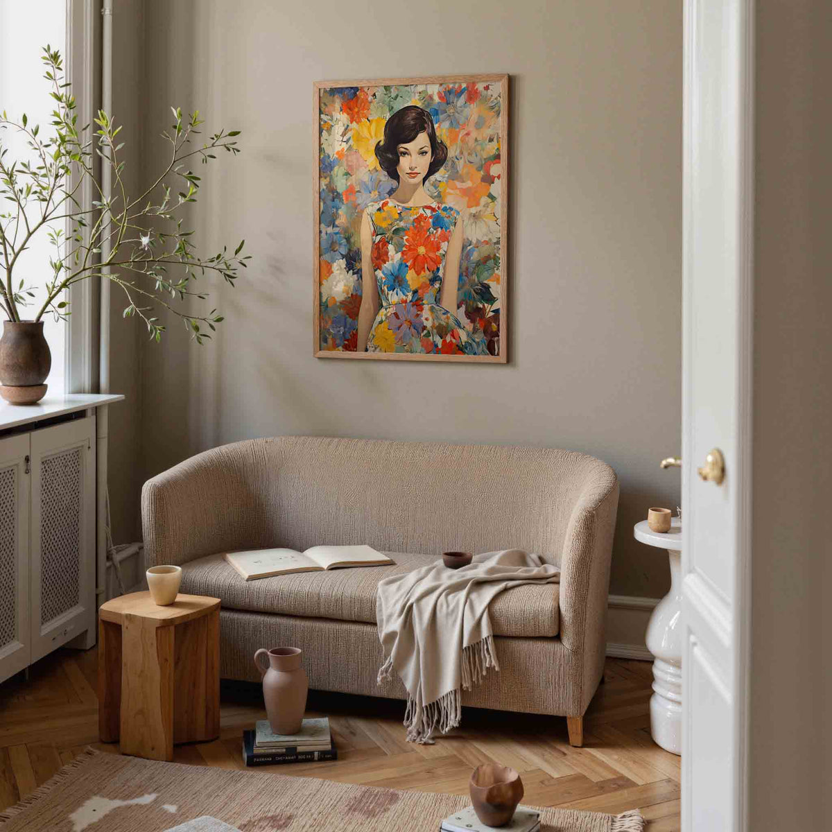 Vrouw met bloemenjurk – botanische poster in staand formaat