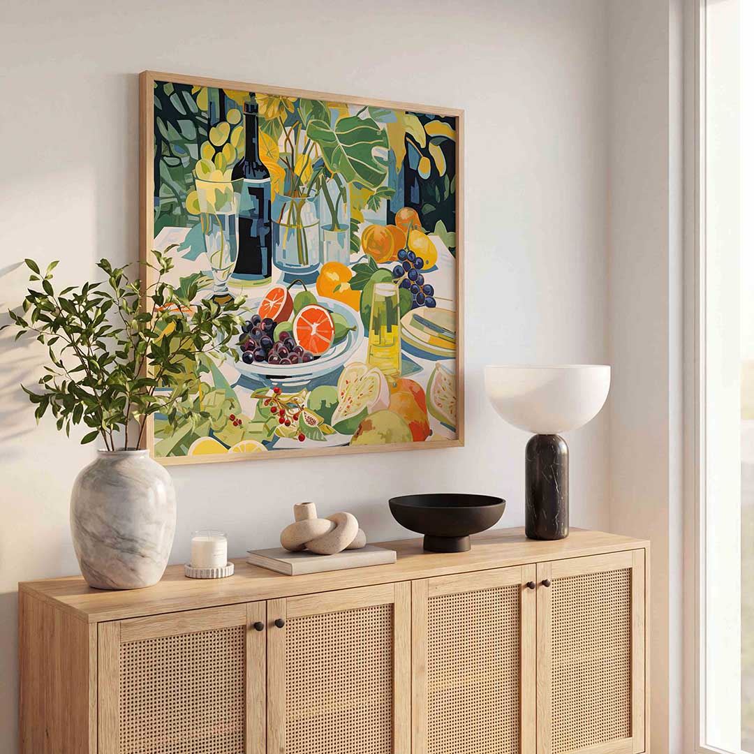 Fruit en flessen – illustratie poster in vierkant formaat