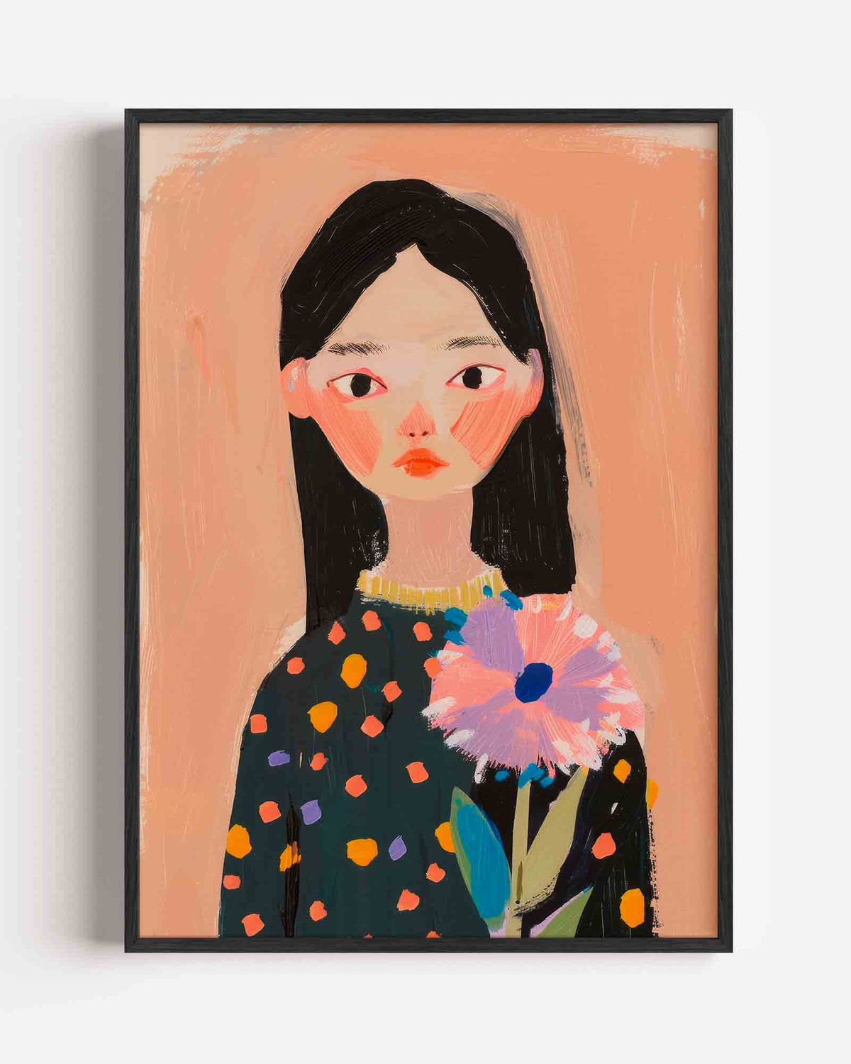 Meisje met bloem – kleurrijke illustratie portret poster als wanddecoratie