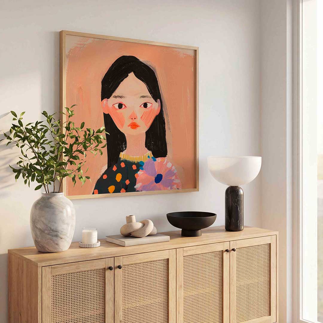 Portret met bloem – illustratie poster in vierkant formaat
