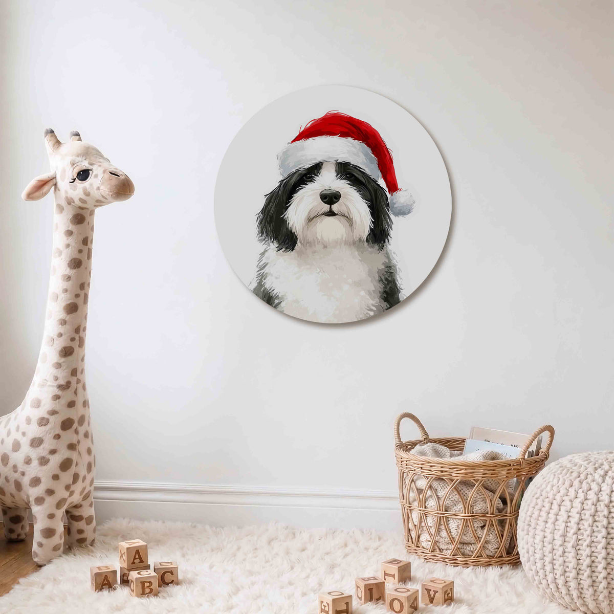 Hond met kerstmuts Muurcirkel – Een hond met een zwart-witte vacht draagt een rode kerstmuts.