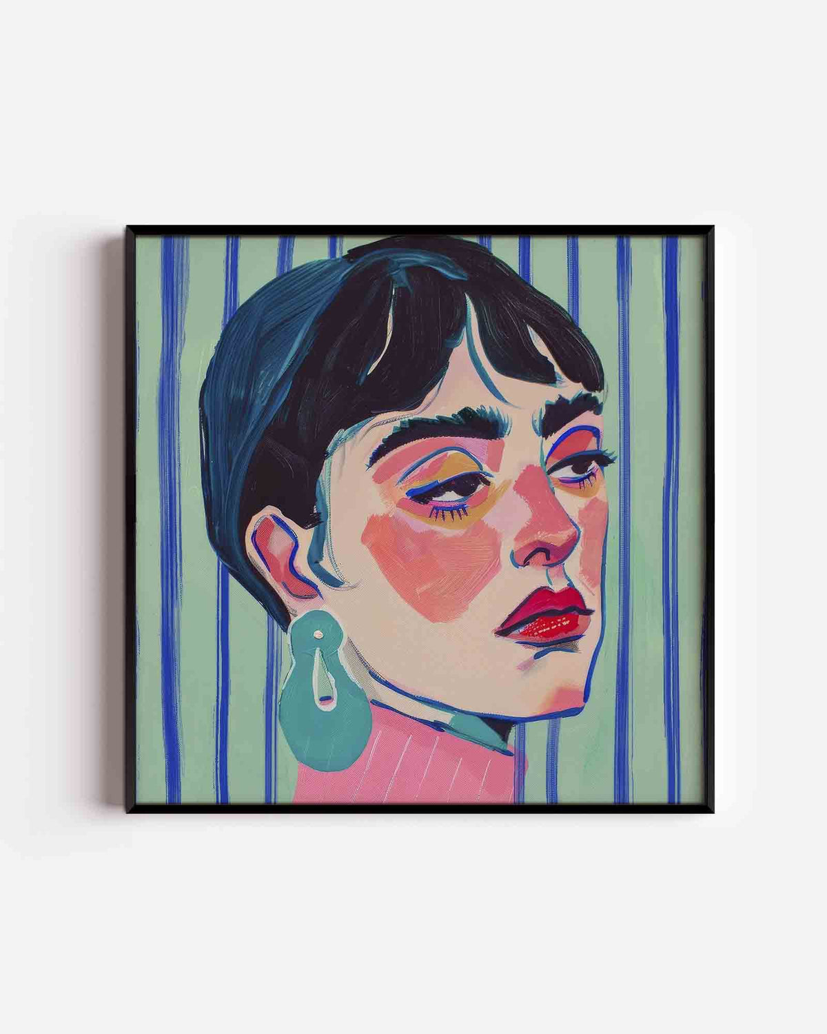 Portret met blauwe strepen – vrouwelijk portret als vierkante poster