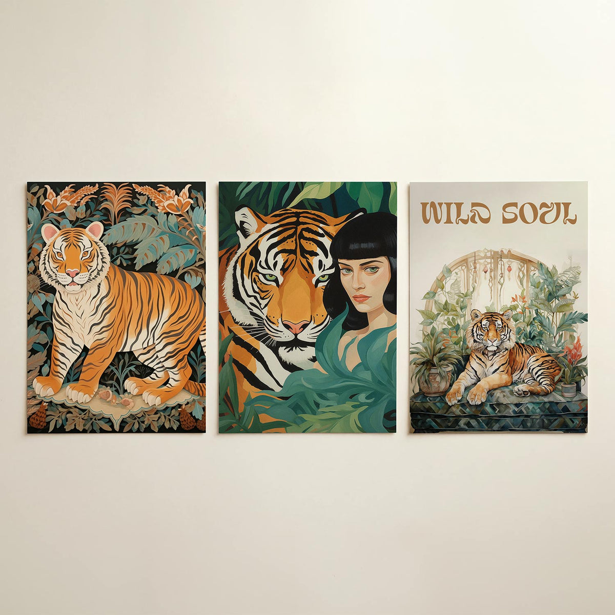 Tijger en bladeren – driedelige posterset in interieur