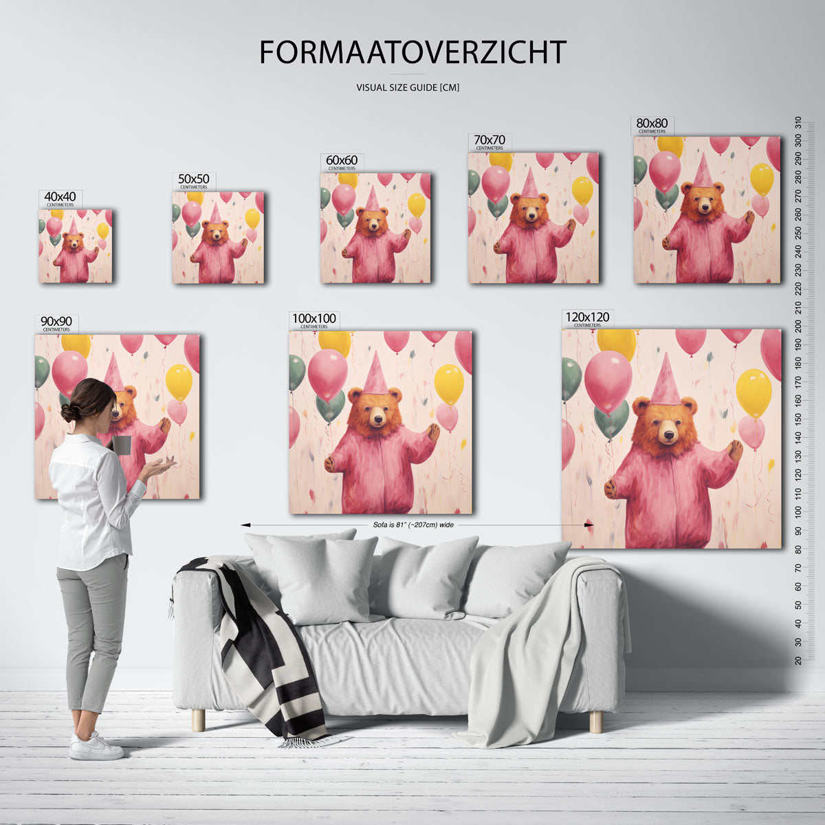 Beer met ballonnen – vierkante muurposter voor de kinderkamer