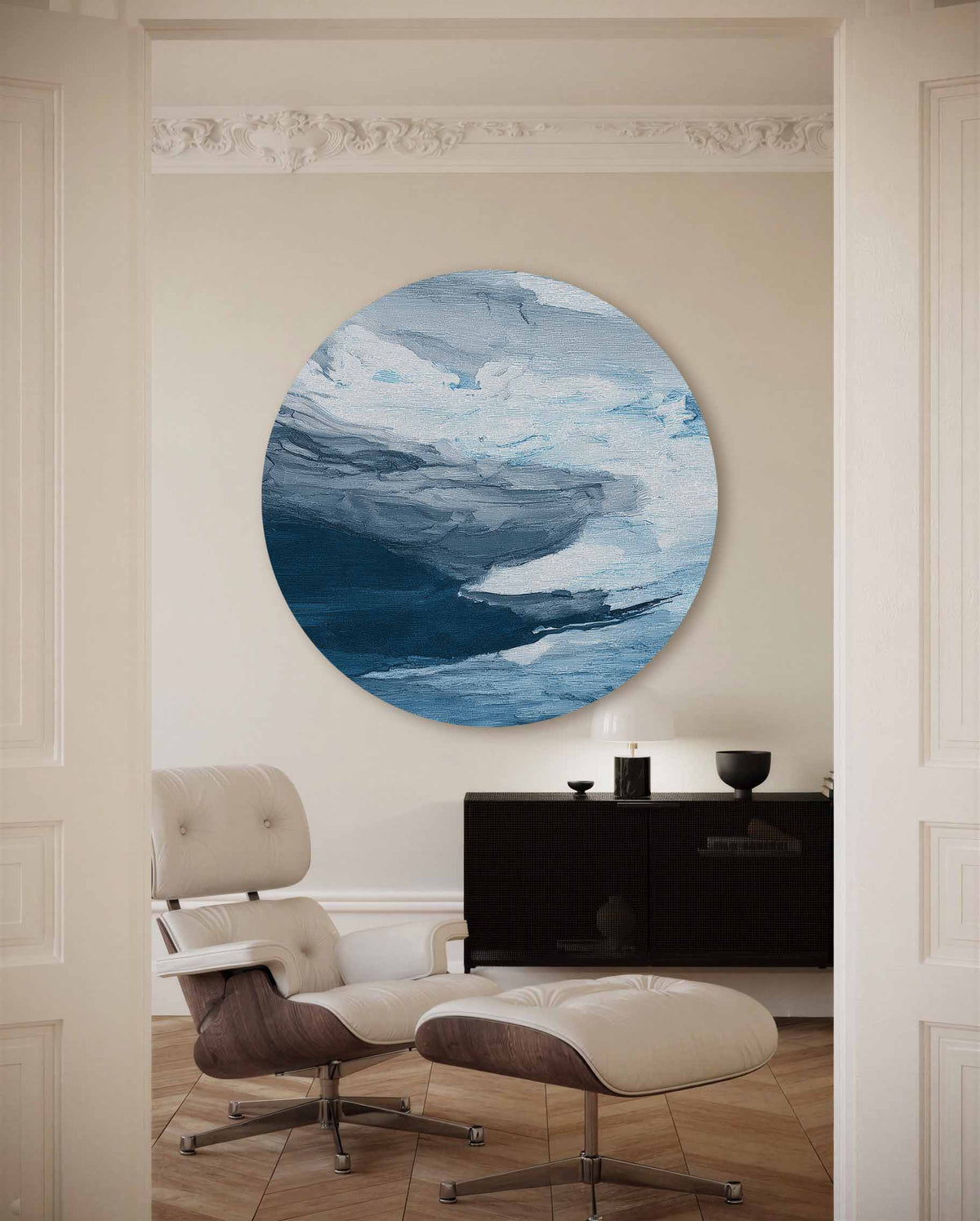 Blauwe lucht en wolken – portret muurcirkel als ronde muurdecoratie