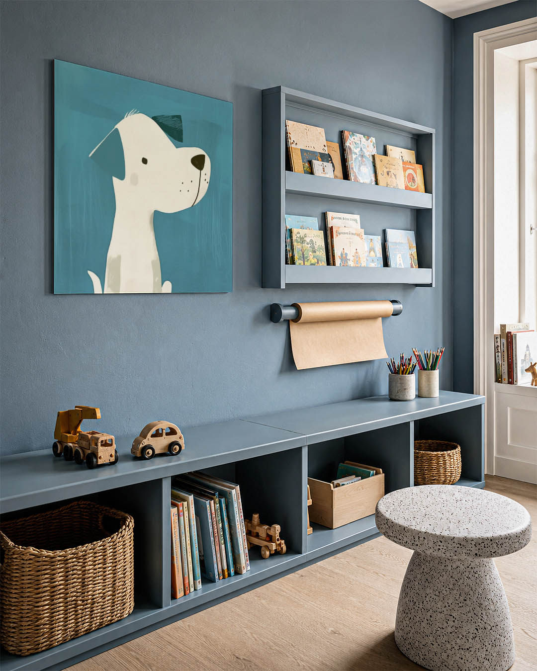 Speelse hond illustratie kunstwerk – detailweergave – dit werk toont een speelse hond met een blauwe achtergrond. De