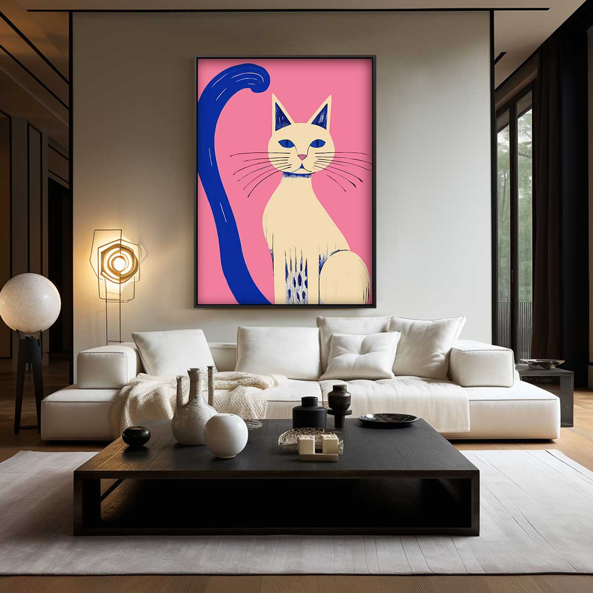 Kleurrijke Kat op Roze Achtergrond – kunstwerk met zwarte baklijst