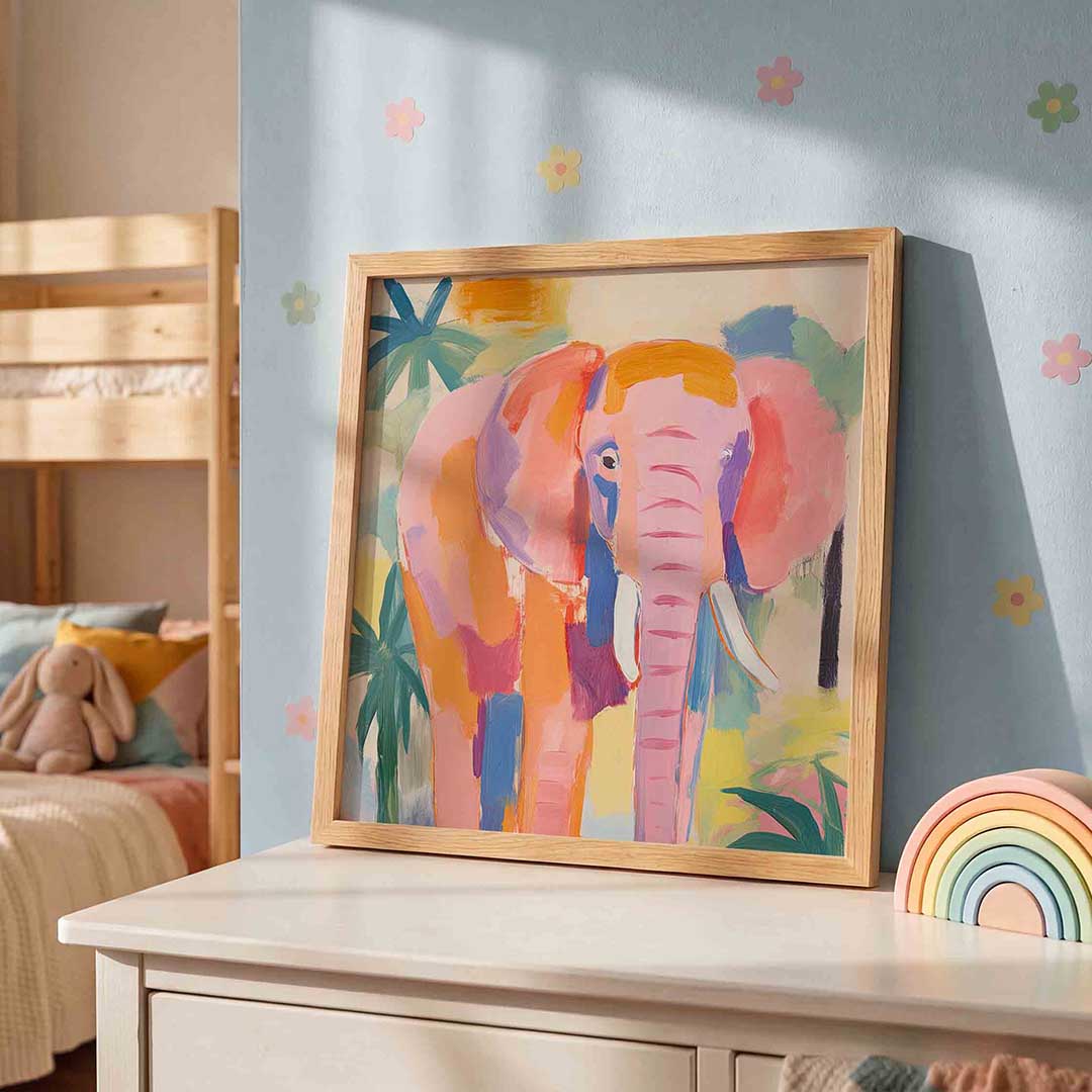 Olifant in kleurrijk landschap – speelse wandkunst als vierkante kinderposter