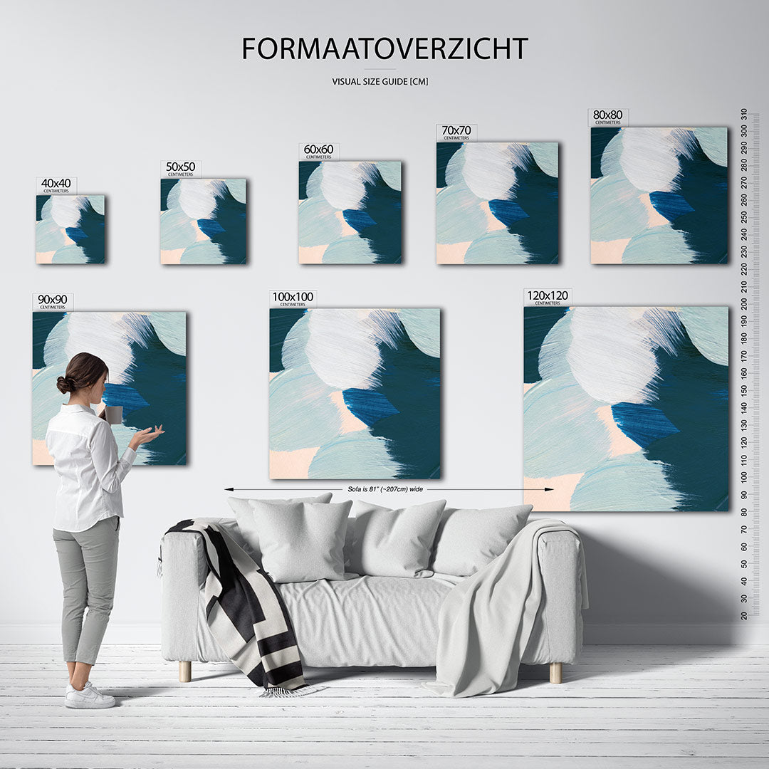 Dynamische kleurencompositie kunstwerk – dit kunstwerk toont een levendige mix van blauw, groen en beige. De dynamische