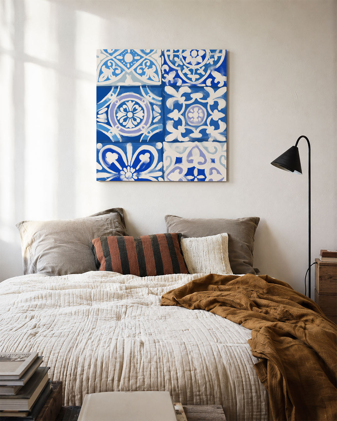 Geometrische patronen kunstwerk – detailweergave – dit werk toont een reeks geometrische patronen in blauw en wit, met