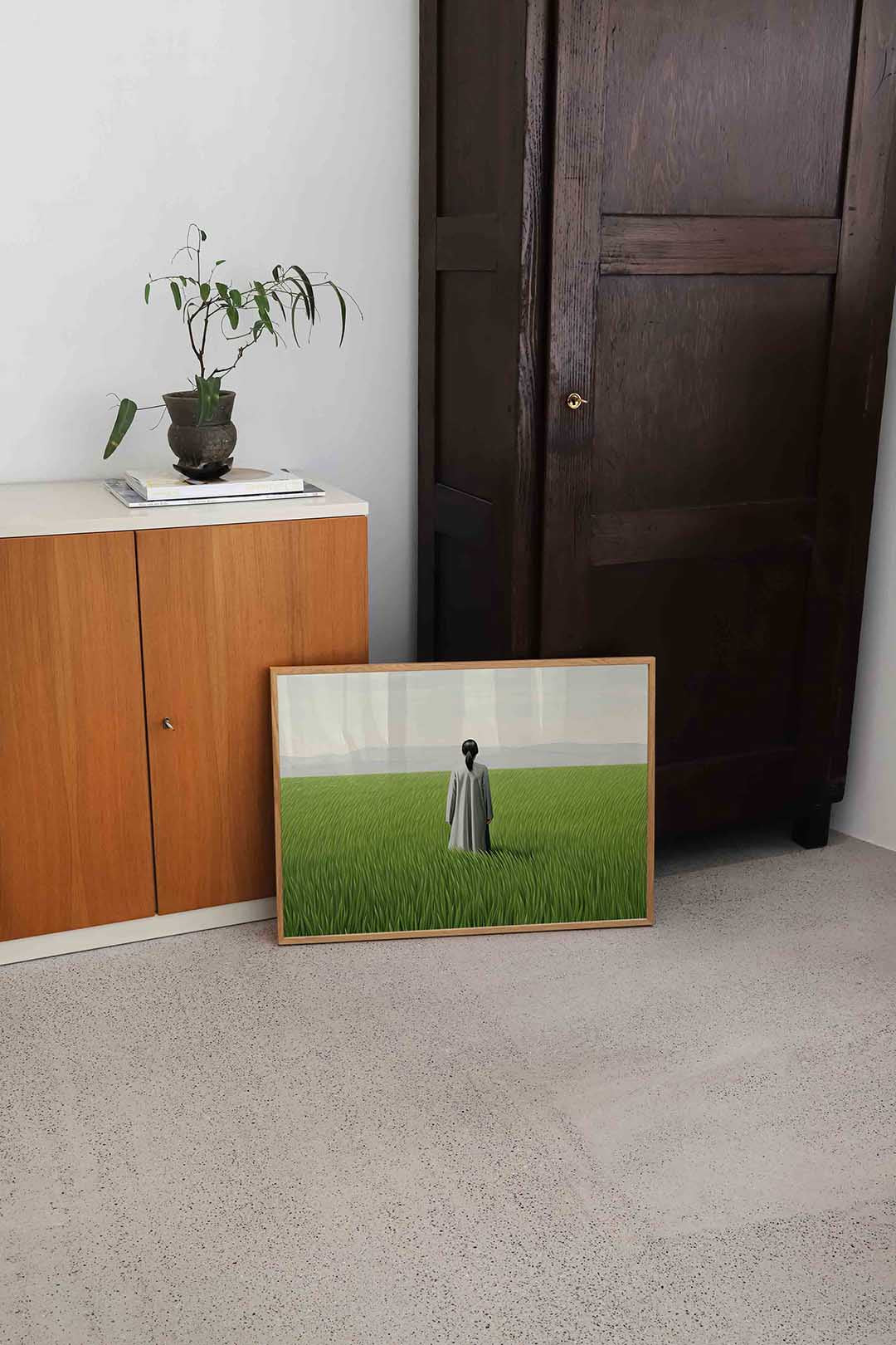Vrouw in grasveld – hedendaagse illustratie als liggende poster