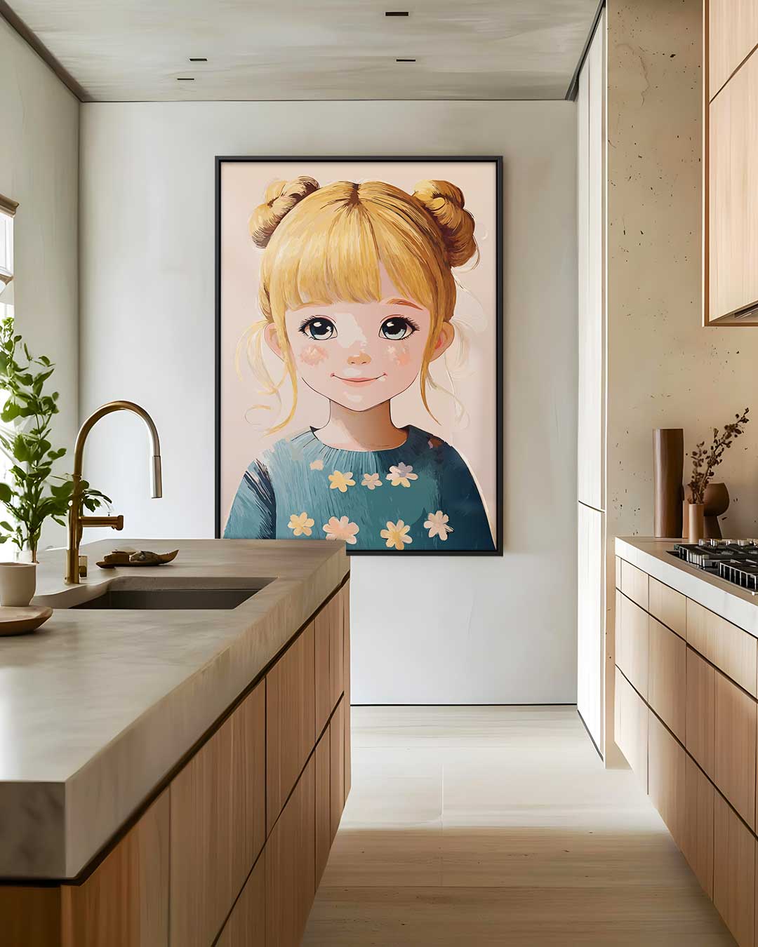 Dromerig Meisje met Bloemen – modern portret kunstwerk van WallArtistic