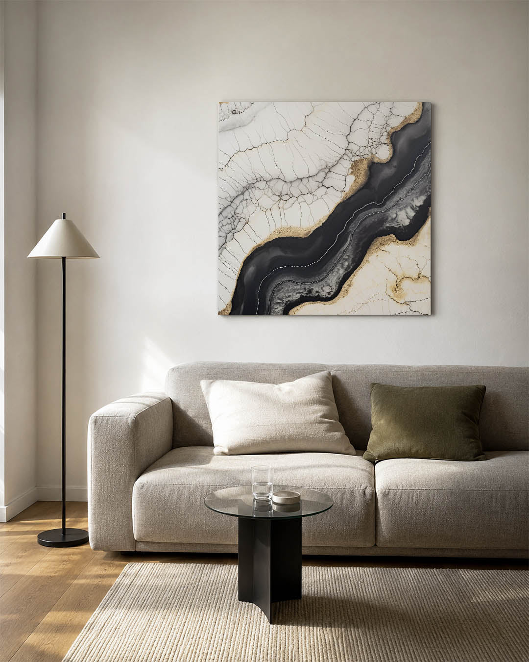 Organische lijnen kunstwerk – vierkante wanddecoratie – dit werk toont vloeiende lijnen en patronen in zwart-wit en beige